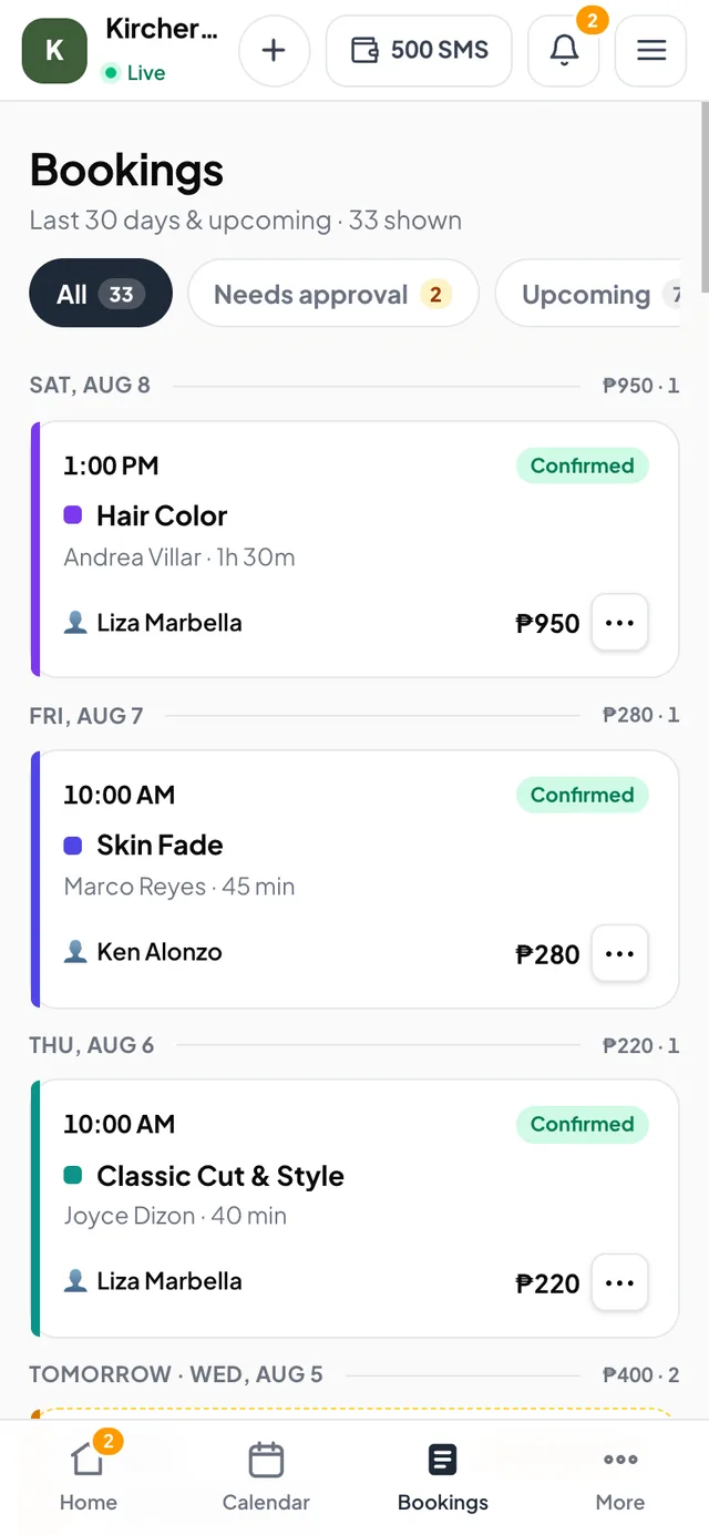 Bookings — Approve, reschedule, done
