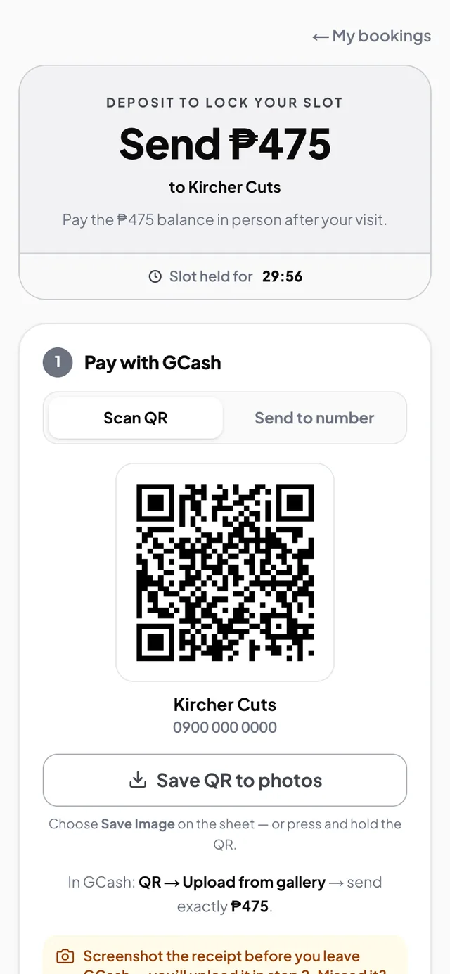 The deposit step a customer sees — send the exact deposit to the shop's own GCash QR to lock the slot, with a countdown and receipt upload